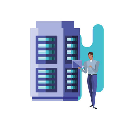 business man with laptop and data center server vector illustration designのイラスト素材