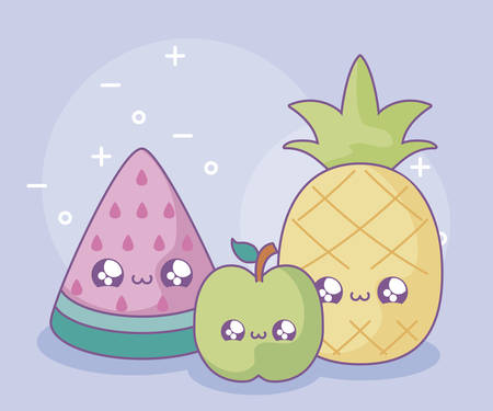 slice watermelon with pineapple and apple kawaii style vector illustration designのイラスト素材