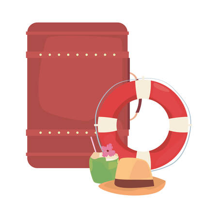 summer time holiday suitcase lifebuoy hat cocktail vector illustrationのイラスト素材