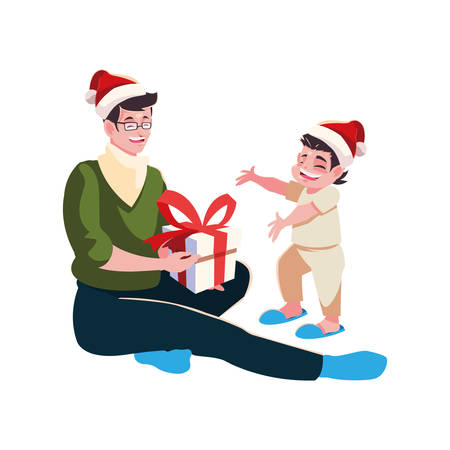 Father and son with santas hat design, Merry christmas season decoration card invitation celebration and holiday theme Vector illustrationのイラスト素材