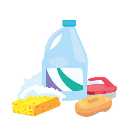 detergent sponge brush soap bubbles cleaning products and supplies vector illustrationのイラスト素材