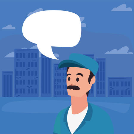 worker cleaning man in uniform and cap city urban background vector illustrationのイラスト素材