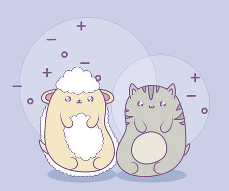 cute cat with sheep baby animals   style vector illustration designのイラスト素材
