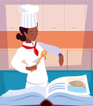 professional chef female cooking with recipe book vector illustration designのイラスト素材