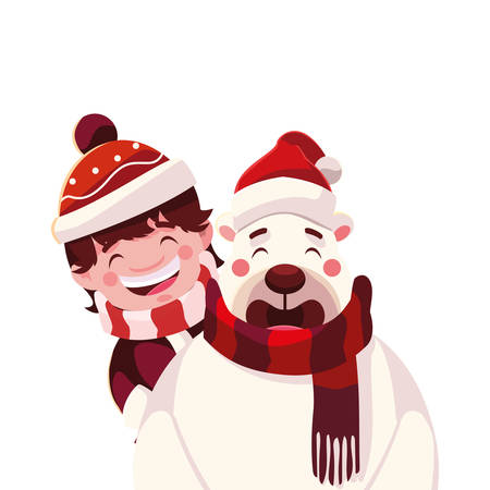 boy and polar bear with hat and scarf in white background vector illustration designのイラスト素材