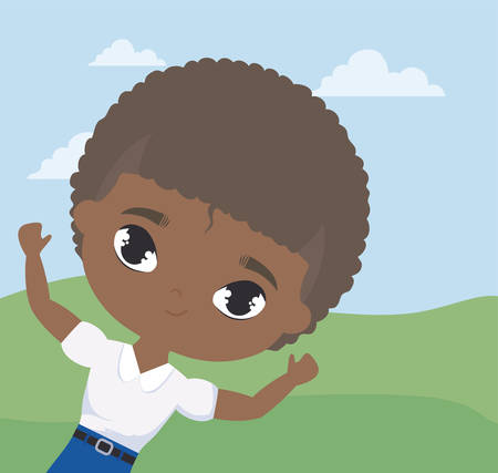 cute little student boy afro in landscape scene vector illustration designのイラスト素材