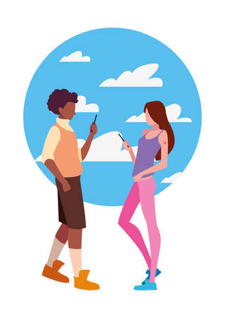 young man and woman using smartphone social media vector illustrationのイラスト素材