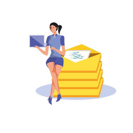 business woman sitting in envelopes mail with laptop vector illustration designのイラスト素材