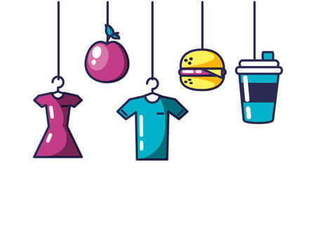 clothes with apple and fast food hanging vector illustration designのイラスト素材