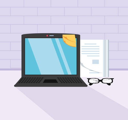laptop computer with eyeglasses in the workplace vector illustration designのイラスト素材