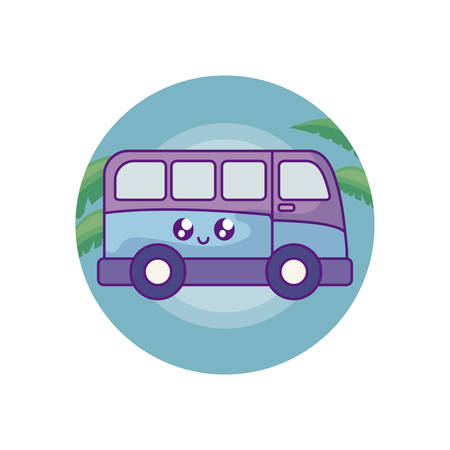 van vehicle in frame circular with leafs tropical vector illustration designのイラスト素材
