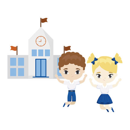 cute little students in front of school vector illustration designのイラスト素材