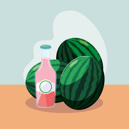 fresh watermelons with bottle of juice natural vector illustration designのイラスト素材