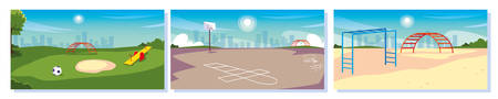 set of kids playgrounds with landscape of city vector illustration designのイラスト素材