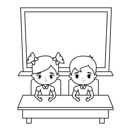 cute little students in desk with board school vector illustration designのイラスト素材