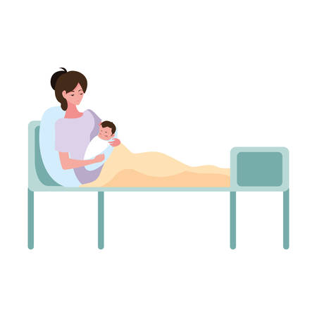 mother carriyng and baby in the bed - pregnancy and maternity vector illustrationのイラスト素材