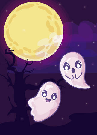 halloween ghost with moon in cemetery scene vector illustration designのイラスト素材