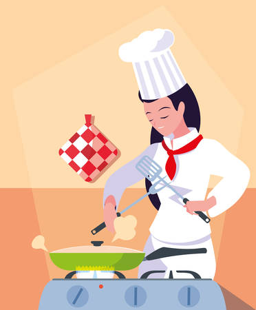 professional chef female in kitchen cooking vector illustration designのイラスト素材