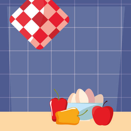 bowl eggs apple pepper cooking food preparation kitchen wall vector illustrationのイラスト素材