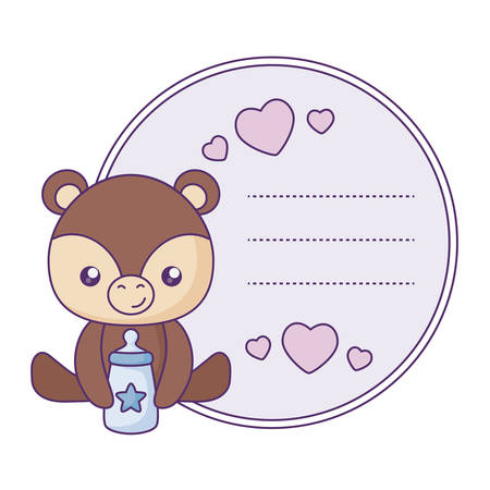 cute little bear baby with bottle milk in card vector illustration designのイラスト素材