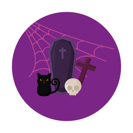 scene of graveyard tombstone with icons halloween vector illustration designのイラスト素材