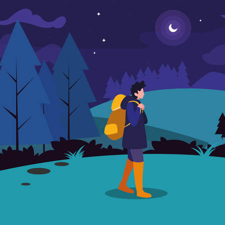 man walking field hiking forest night vector illustrationのイラスト素材
