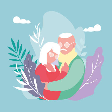 cute old couple hugged with leafs decoration vector illustration designのイラスト素材