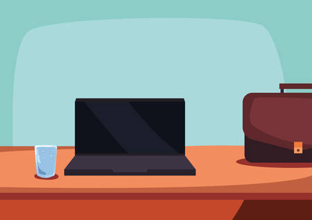 office workspace laptop briefcase glass cup vector illustrationのイラスト素材