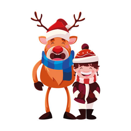 boy and reindeer with hat and scarf in white background vector illustration designのイラスト素材