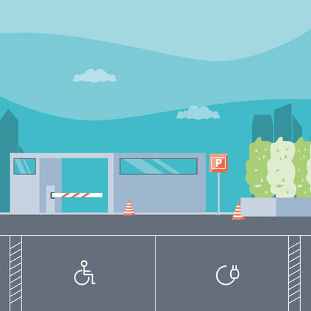 parking zone with ticket machine and barricade scene vector illustration designのイラスト素材