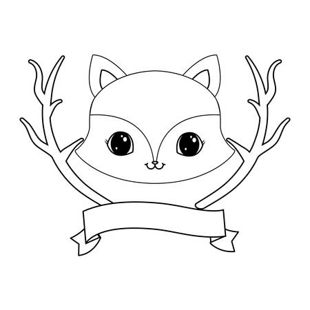 cute fox with tree branches and ribbon vector illustration designのイラスト素材