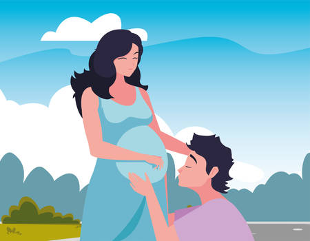 man hugs a pregnant woman outdoors - pregnancy and maternity vector illustrationのイラスト素材