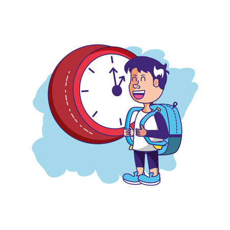 cute little student boy with bag school and clock vector illustration designのイラスト素材