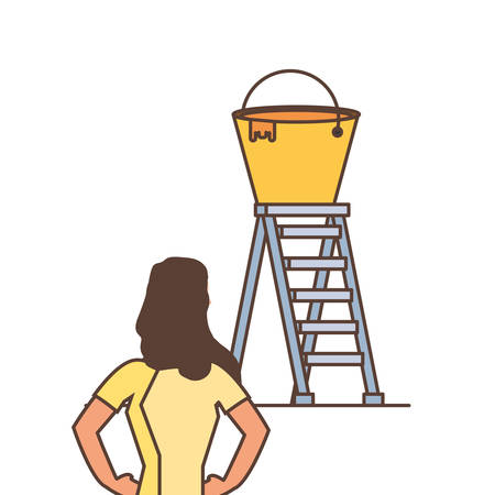 worker woman with stair and bucket of paint vector illustration designのイラスト素材