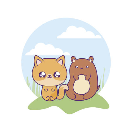 cute fox with bear baby animals kawaii vector illustration designのイラスト素材