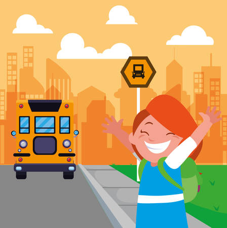 student girl at the bus stop with background city vector illustration designのイラスト素材