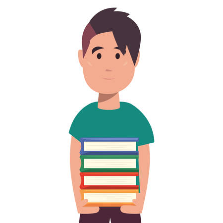 schoolboy with books stacked back to school flat design vector illustrationのイラスト素材