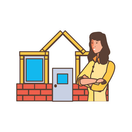 worker construction woman with facade of house vector illustration designのイラスト素材