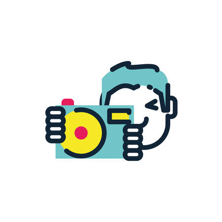 Boy with camera device design, Gadget technology photography equipment digital photo focus and electronic theme Vector illustrationのイラスト素材
