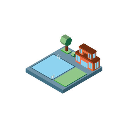 Isometric orange building with pool and tree design, City architecture urban modern downtown contemporary metropolis exterior and construction theme Vector illustrationのイラスト素材