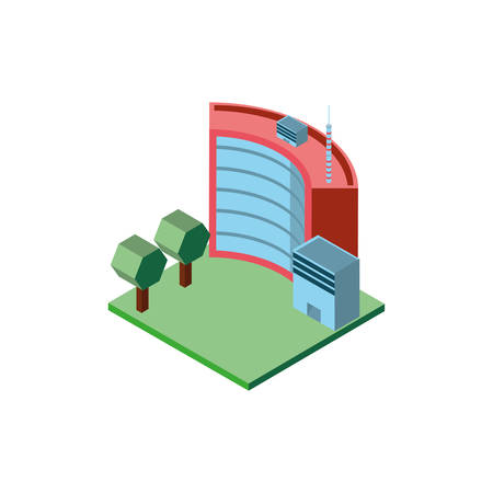 Isometric red building with trees design, City architecture urban modern downtown contemporary metropolis exterior and construction theme Vector illustrationのイラスト素材