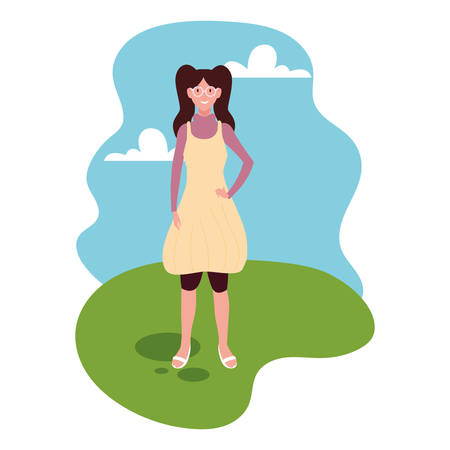 young woman standing with landscape background vector illustration designのイラスト素材