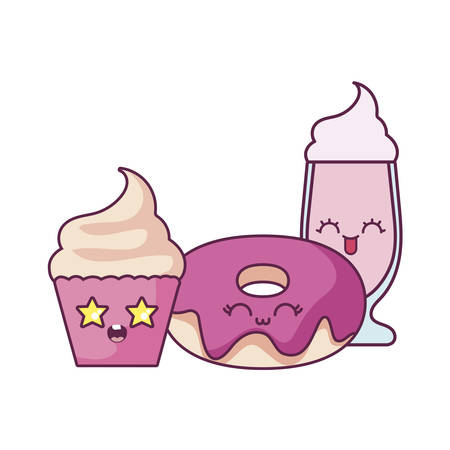 milkshake donut and cupcake cartoon design, Kawaii expression cute character funny and emoticon theme Vector illustrationのイラスト素材