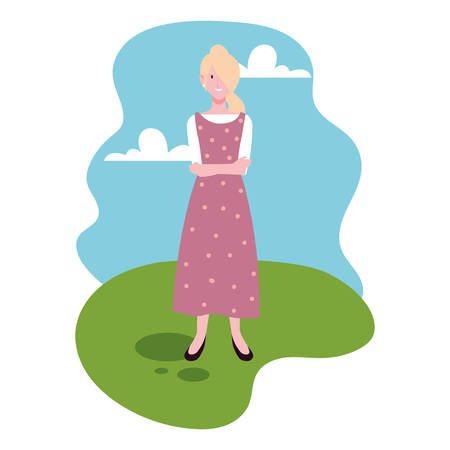 young woman standing with landscape background vector illustration designのイラスト素材