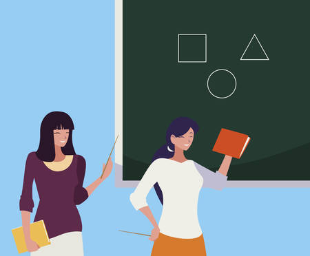 female teachers couple with textbooks and chalkboard vector illustration designのイラスト素材