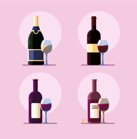 set of wine bottle with wineglass vector illustration designのイラスト素材