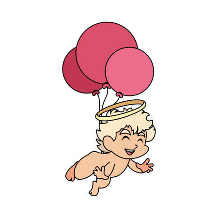 cute cupid angel with helium balloons on white background vector illustration designのイラスト素材