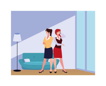 businesswomen in the living room with different poses vector illustration designのイラスト素材