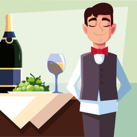 professional waiter holding bottle of wine vector illustration designのイラスト素材