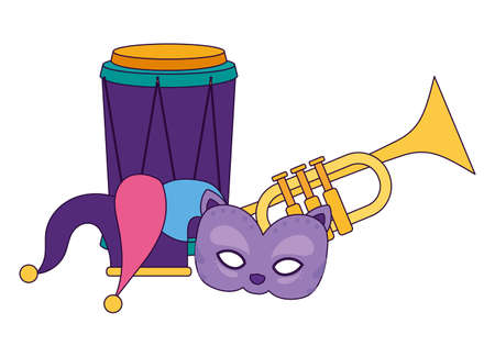 Mardi gras mask drum trumpet and hat design, Party carnival decoration celebration festival holiday fun new orleans and traditional theme Vector illustrationのイラスト素材